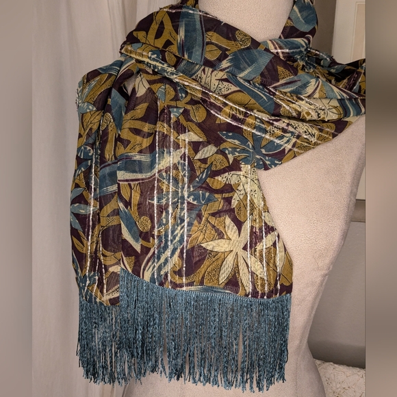 Long Fringe Boho Scarf Teal & Brown Floral Sheer Metallic Stripes 67" Wrap - Picture 3 of 12